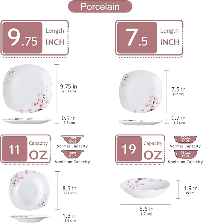 VEWEET Series Annie 48-Piece Ivory White Ceramic Porcelain Dinnerware Set with Pink Floral Pattern - Service for 12