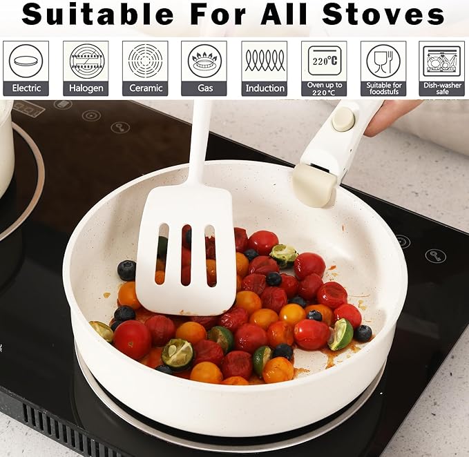 Pink Non Stick Pot and Pan Sets with Removable Handle Ceramic Cookware Set Detachable Handle Induction Kitchen Camping Stackable Pots Pans Dishwasher/Oven Safe PTFE/PFOA/PFOS Free