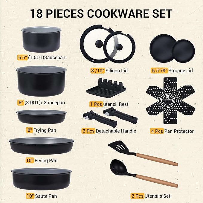 Ammeloo 18 Pcs Ceramic Pots and Pans Set Non Stick Kitchen Cookware Set with Detachable Handle Non Toxic Cooking Set with Removable Handle for RVs Camping Fridge Dishwasher/Oven Safe