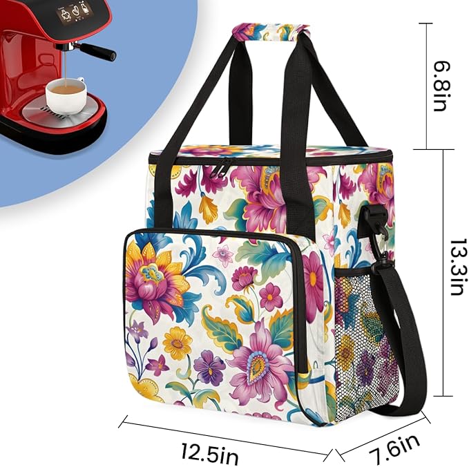 Resplendent Flowers Coffee Maker Carrying Bag Portable Travel Storage Tote Bag Compatible with K-Mini or K-Mini Plus Single Serve Coffee Brewer Carrying Case with Multiple Pockets &amp Shoulder Str