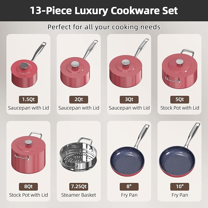 Nuwave Lux 13pc Forged Lightweight Cookware Set PFAS Free Healthy G10 Duralon Ceramic Coating Ultra Non-Stick Stay-Cool Handles Works on All Cooktops &amp Induction Ready
