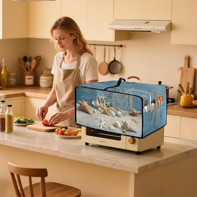 Toaster Oven Dust Cover Starfish Shell Wood Print Bread Maker Cover Machine Washable Kitchen Small Appliance Protector with Side Pockets Kitchen Decorations M