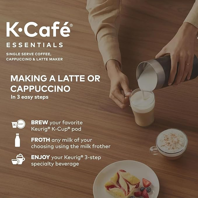 Keeurig K-Café Single Serve Coffee Maker Built-In Milk Frother Latte &amp Cappuccino Brewer Espresso Shot 3 Brew Sizes 42 oz Water Reservoir Travel Mug Friendly Compact Design (Black 42oz)