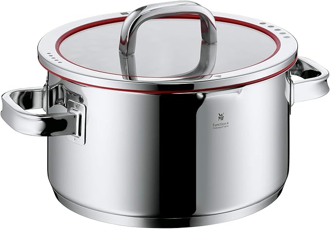 WMF Function 4 5-Piece Induction Saucepan Set Glass Lid with 4 Pouring Functions Polished Cromargan Stainless Steel Induction Pots Set Inner Scale