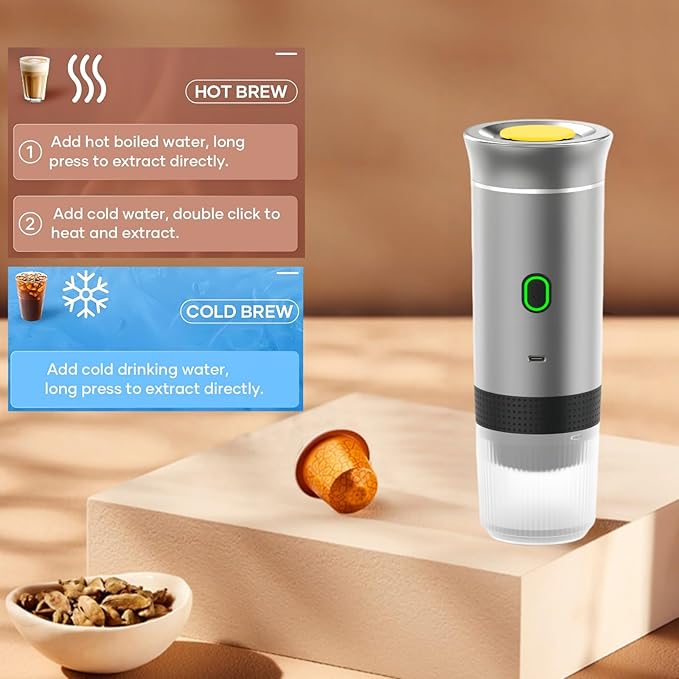 Mini Electric Espresso Coffee Machine Small Self-Heating Portable Car Coffee Maker with Capsule and Ground Coffee for Office RV Travel Camping Hiking (silver)
