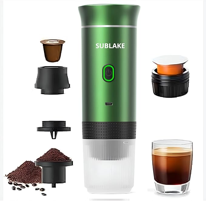 Portable Espresso Maker – Self-Heating USB-C Rechargeable Travel Coffee Maker for Car Camping Office portable coffee maker - portable coffee machine With Ground Coffee &amp NS Capsule (Green)