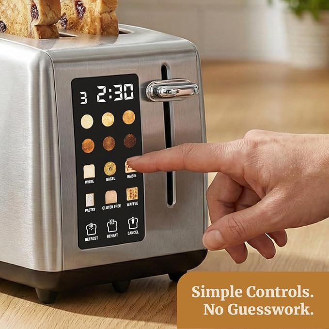 Elite Gourmet 2-Slice Toaster with Digital Countdown Extra-Wide Slots for Bagels &amp Thick Bread One-Touch Presets Stainless Steel Defrost/Reheat/Cancel