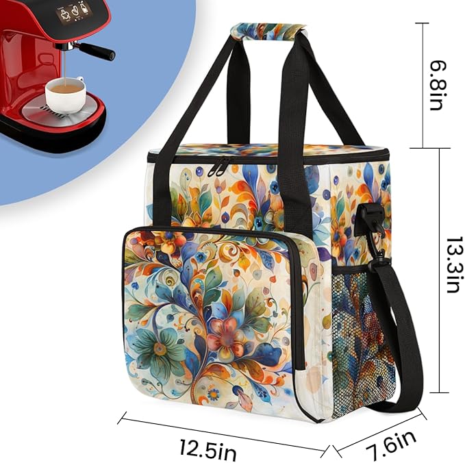 Whirling Flowers Coffee Maker Carrying Bag Portable Travel Storage Tote Bag Compatible with K-Mini or K-Mini Plus Single Serve Coffee Brewer Carrying Case with Multiple Pockets &amp Shoulder Strap