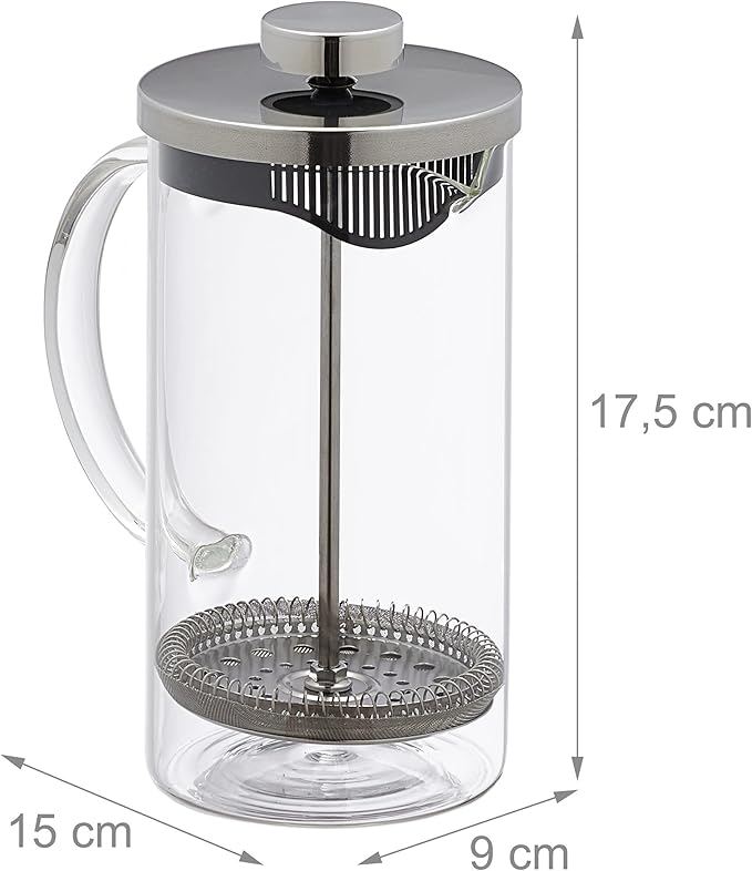 Relaxdays Coffee Maker Manual Press Pot Strainer Insert 600 ml Glass &amp Stainless Steel Transparent/Silver 80% glass 20% stainless steel