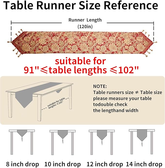 Luxury Vintage Table Runner 120 inches Long Embroidery Jacquard Fabric with Multi-Tassels Table Runners for Dining Room Dresser Wedding Christmas Thanksgiving Party Decorations (Red 12X120inch)