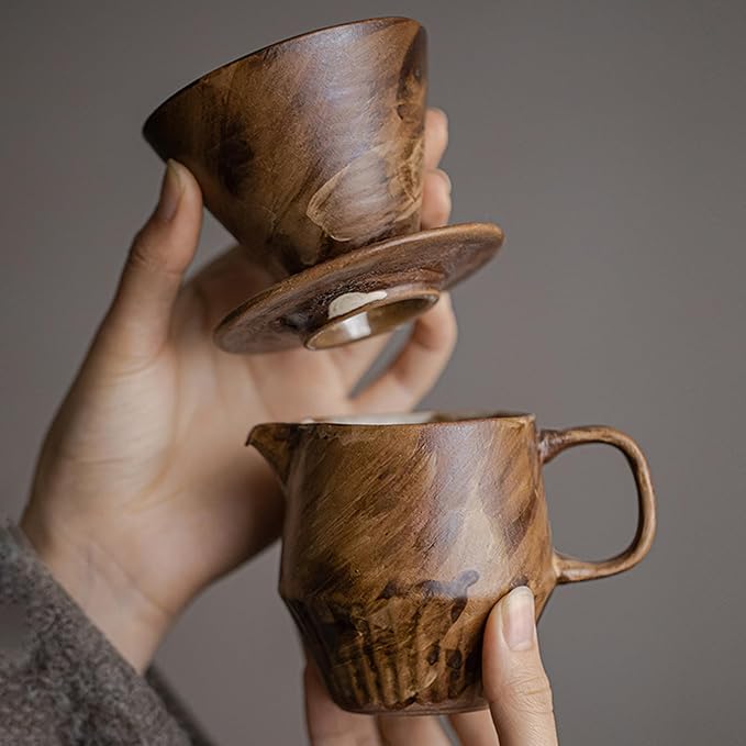 Pour Over Coffee Maker Set Vintage Ceramic Pour Over V60 Coffee Dripper Setfor Home Café Restaurant Camping7oz/220ml Pour Over Coffee Dripper (Brown)