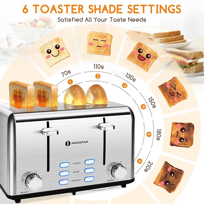Aigostar Toaster 4 Slice 1.6 Wide Slot Stainless Steel Toasters with Bagel Reheat Cancel Defrost Function and Electric Kettle 1.7L Electric Tea Kettle with LED Illumination