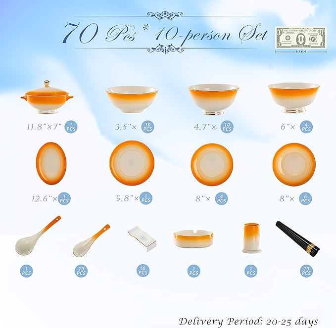 70 Pcs Fine Bone China Dinnerware Set Porcelain &amp Ceramic Dinnerware Sets Bone Stoneware &amp Ceramic Cookware Tableware Set Includes Dinner Plates|Spoons|Pasta Bowls|Soup Pot|Chopsticks