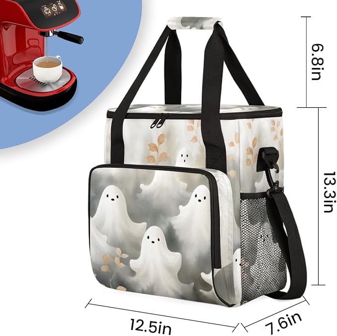Glitter Halloween Ghosts Coffee Maker Carrying Bag Travel Storage Bag Compatible with K-Mini or K-Mini Plus Single Serve Coffee Brewer Carrying Case with Multiple Pockets &amp Shoulder Strap
