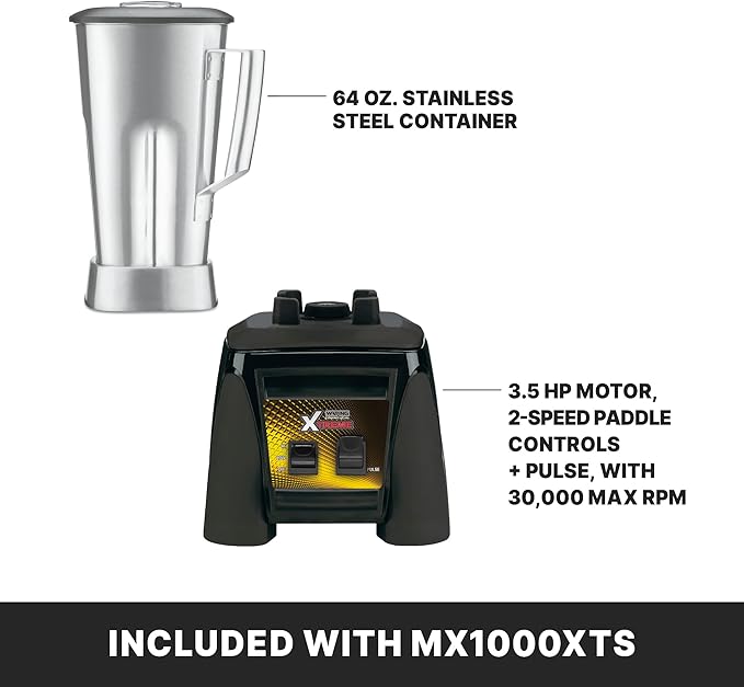 Waring Commercial MX1000XTS 3.5 HP Blender with Paddle Switches Pulse Feature and a 64 oz. Stainless Steel Container 120V 5-15 Phase Plug Black
