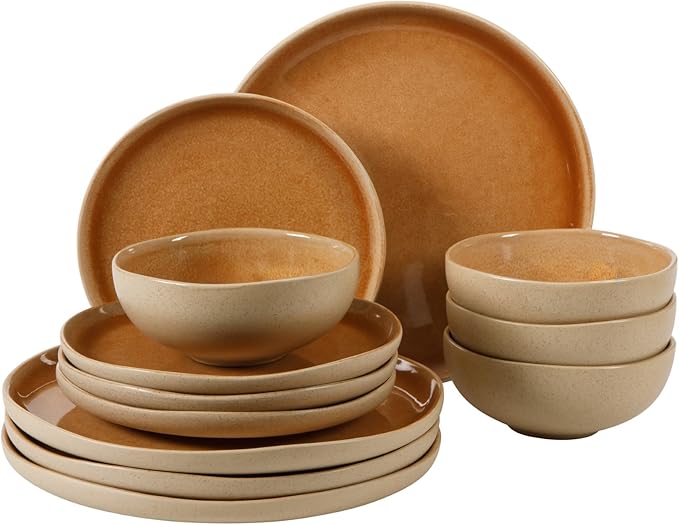 Gibson Elite Manila Bay 12-Piece Stoneware Dinnerware Set Service for 4 Reactive Glaze Modern Artisan Plates Bowls &amp Mugs Orange Round Design