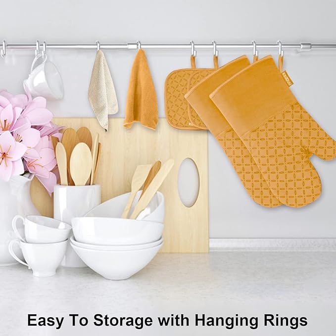KEGOUU Oven Mitts and Pot Holders 6pcs Set Kitchen Oven Glove High Heat Resistant 500 Degree Extra Long Oven Mitts and Potholder with Non-Slip Silicone Surface for Cooking （Orange）