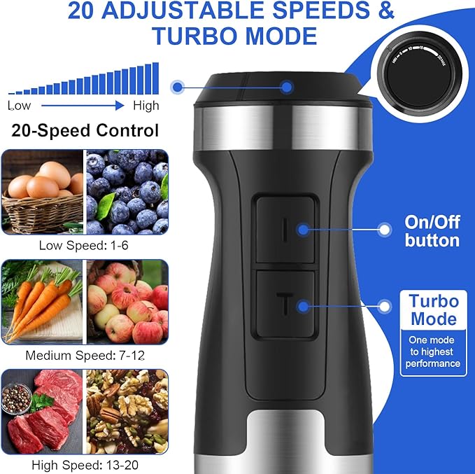 Immersion Blender 5 in 1 Handheld Blender 1500W 20 Speed Mode&ampTurbo Boost Heavy Duty Motor Electric Hand Blender with Chopper Whisk Frother Beaker for Baby Food Sauce Soup Aquox