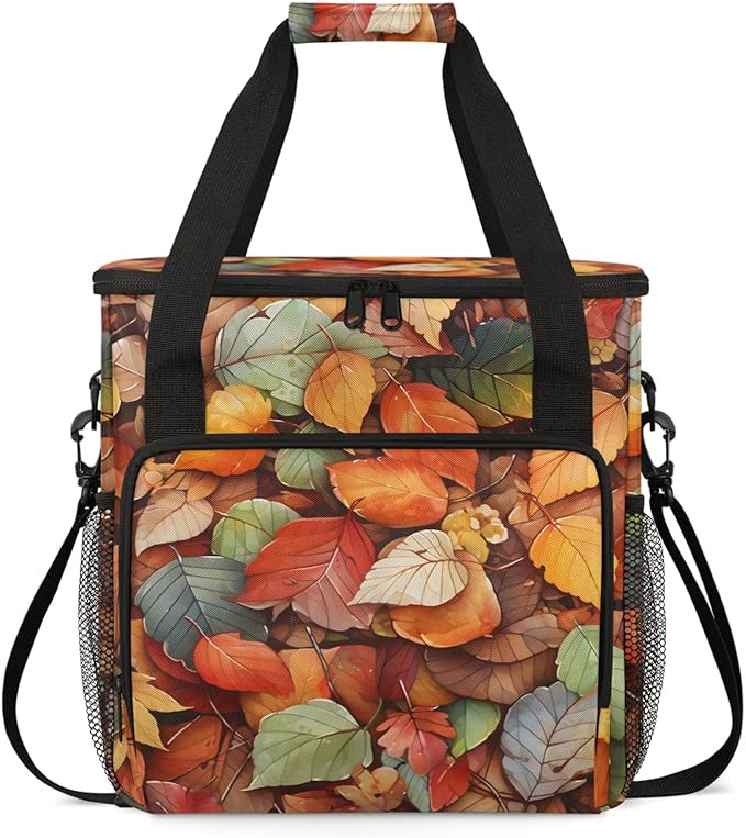 Falling Leaves Coffee Maker Travel Bag for Keurig K-Mini/K-Mini Plus Insulated Waterproof Tote with Pockets for K-Cup Portable Single-Serve Brewer Case