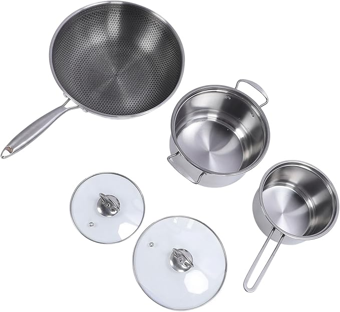 Pots and Pans Set Non Stick Stainless Steel Cookware Set | 1 Frying Pan 1 Large Stock Pot 1 Small Sauce Pan with Lids Kitchen Tool Cooking Pan Easy to Clean