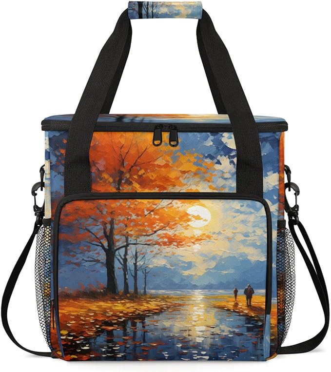 Oil Painting Trees Coffee Maker Travel Bag for Keurig K-Mini/K-Mini Plus Insulated Waterproof Tote with Pockets for K-Cup Portable Single-Serve Brewer Case