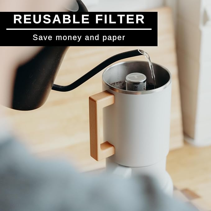 HASTINGS Pour Over Coffee Dripper - Stainless Steel Pour Over Coffee Filter Metal Paperless Reusable Double Mesh Cone Filter with Wood Handle - Coffee Maker for Single Cup Brew up to 68 OZ (Grey)