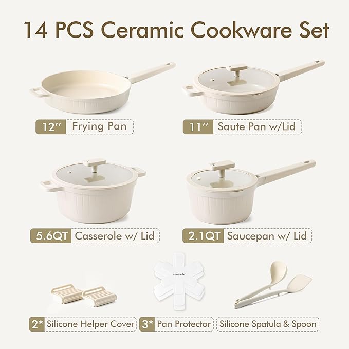 SENSARTE Ceramic Nonstick Cookware Set 15 Piece includes 4.5 Quarts Ceramic Nonstick Stock Pot with Lid