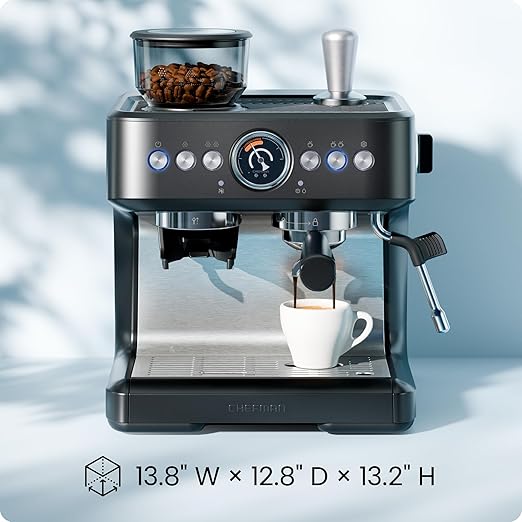 Chefman Crema Deluxe Espresso Machine with Double Boiler Use Milk Frother and Brew Espresso Simultaneously Professional Coffee Maker with Coffee Grinder and Steam Wand 30 Grind Settings
