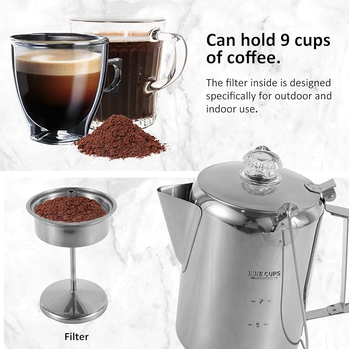 Percolator Coffee Pot Stainless Steel Camping Coffee Pot Outdoor Stovetop Coffee Maker with Clear Top Glass Knob 9 Cups Coffee Percolator for Group Camping Hiking Backpacking Travel