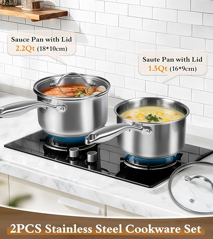 Stainless Steel Saucepan Set with Lids 1.5QT &amp 2.2QT Tri-Ply Stainless Steel Sauce Pot Set Induction Saucepans 4 Pcs Nonstick Saucepans Cookware Set Dishwasher Safe