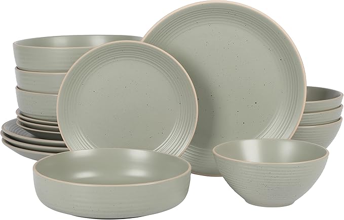 Gibson Home Dinah Double Bowl Stoneware Embossed Speckled Dinnerware Set - Sage Green Service for Four (16pcs)