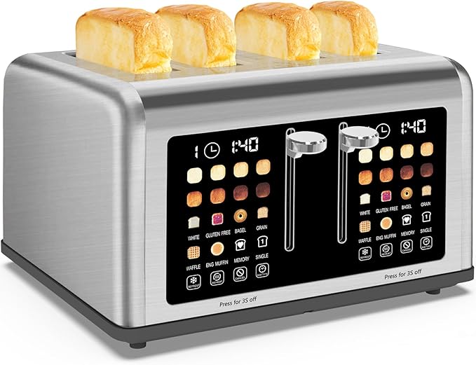 4 Slice Toaster Touch Screen Stainless Steel Toasters Digital Timer Dual Control Panel Toasters 8 Shade Settings 6 Bread Types for Bagel Cancel Defrost 1650W