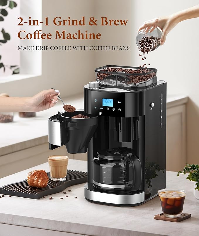 Joy Pebble 10-Cup Drip Coffee Maker with Built-in Grinder Touch-Screen Programmable Brew Coffee Machine with Timer 8 Grinding Settings Reusable Filter Keep Warm Plate 50.7oz Water Tank