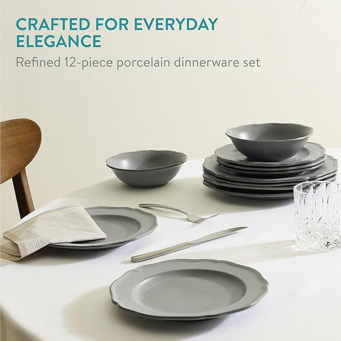 Navaris Scandi Style Porcelain Dinnerware Set - Ceramic Crockery Sets for 4 - Stackable Dishes with Dinner and Salad Plates Cereal Bowls - Dishwasher &amp Microwave Safe - 12pcs Grey