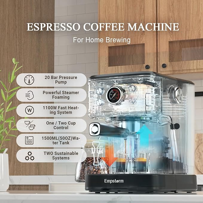 Espresso Machine 20 Bar Latte Coffee Makers 2 IN 1 Professional Cappuccino Machine and Milk Frother Steam Wand Compatible for NS Original Capsules &amp2 Pack Shot Glasses Measuring Cup 2oz Es