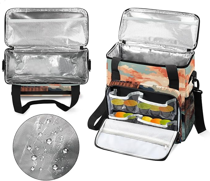 City Landscape Coffee Maker Travel Bag for Keurig K-Mini/K-Mini Plus Insulated Waterproof Tote with Pockets for K-Cup Portable Single-Serve Brewer Case