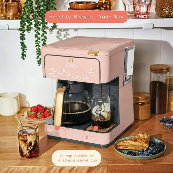 Multi-Brew Coffee Maker – 12-Cup Carafe &amp Single-Serve Pod or Grounds Iced Coffee Mode Programmable Touch Display Includes Filters (Rose)