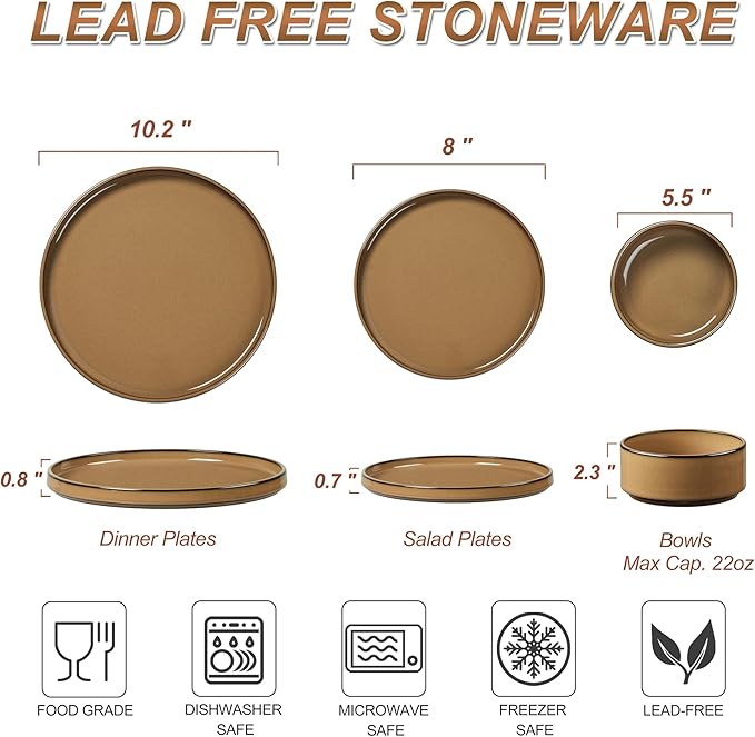LIANYU 24 Piece Stoneware Dinnerware Sets Modern Plates and Bowls Dishes Set for 8 Elegant Dinning Dishware for Dinner Salad Cereal Dishwasher &amp Microwave Safe Amber Gold