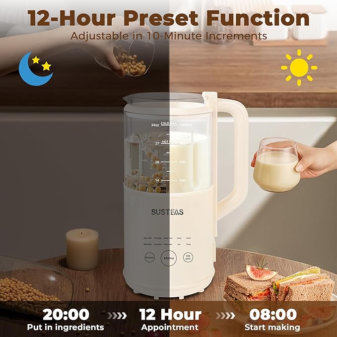 SUSTEAS 10 in 1 Nut Milk Maker Machine 34oz Soy Milk Maker for Almond/Oat/Soy Milk Juice Milkshake Rice Paste No Filtering Needed Almond Cow Milk Machine Maker with Self Cleaning Beige