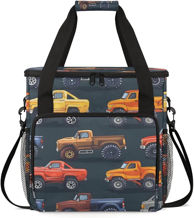 Trucks Theme Coffee Maker Travel Bag for Keurig K-Mini/K-Mini Plus Insulated Waterproof Tote with Pockets for K-Cup Portable Single-Serve Brewer Case