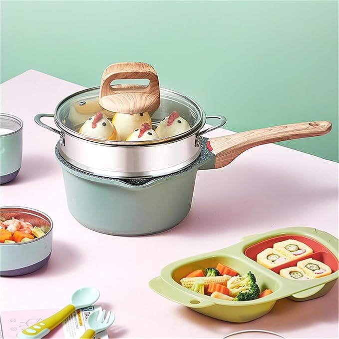 cookware set Non Stick Frying Pan With Wooden Handle Cooking Pot Set Breakfast Crepe Maker Cookware Saucepanpink 16cm Milk(Green 5pcs)