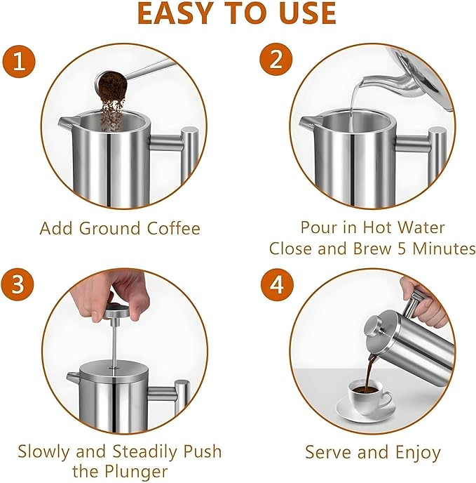 Small French Press Stainless Steel Coffee Maker 21oz(3 Cups) Double Wall Insulated for Hot&amp Cold Brew Compact Coffee&amp Tea Press for Camping Office Travel with 3 Ultra-Fine Filters &amp Sp