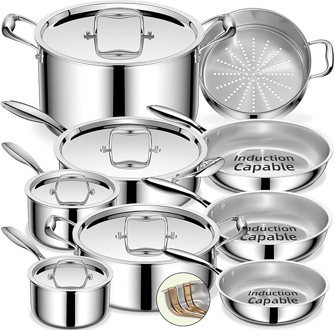 Umite Chef Stainless Steel Cookware Set 5 Ply 14 Piece Stainless Steel Pot and Pan Set-Induction Heavy Chef Quality Oven Safe | Professional Kitchen Cooking Appliances PFOA PTFE &amp PFOS Free