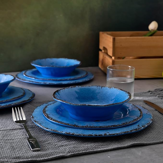 LEHAHA 12 Piece Melamine Dinnerware Set BPA Free Farmhouse Outdoor Dishes Set for 4 A Light Weight and Unbreakable Rustic Plate Bowl Set for Patio RV and Camping