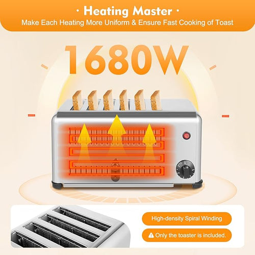 110V Commercial Toaster 1680W Bread Toaster 6 Slice Toaster Bread Machine Stainless Steel Conveyor Toaster Timing Electric Baking Machine Bread Baking Machine With Wide Slots &amp Removable Crumb Tra