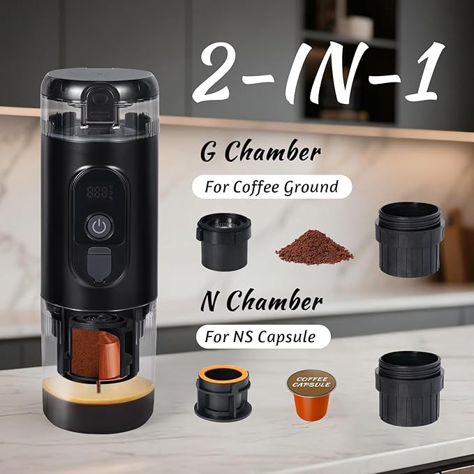Portable Espresso MakerElectric Travel Coffee Machine with Self-Heating and 20 Bar Pressure USB-C Rechargeable Smart Display 2-in-1 Capsule and Ground Compatible for Camping RV Car and Office