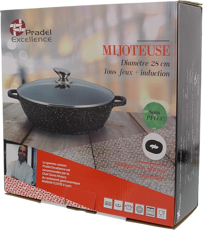 Pradel Excellence - PCUI001016 - Premium Cast Aluminium Slow Cooker Ø28cm Glass Lid - Stone-Effect Non-Stick Coating - Removable Handle - All Heat Sources