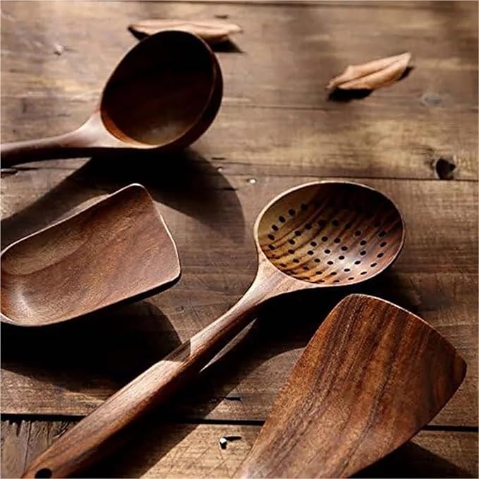 5-Pieces Wooden Kitchen Utensils Set Heat Cooking Tools for Home &amp Restaurant Odor-Free Kitchenware