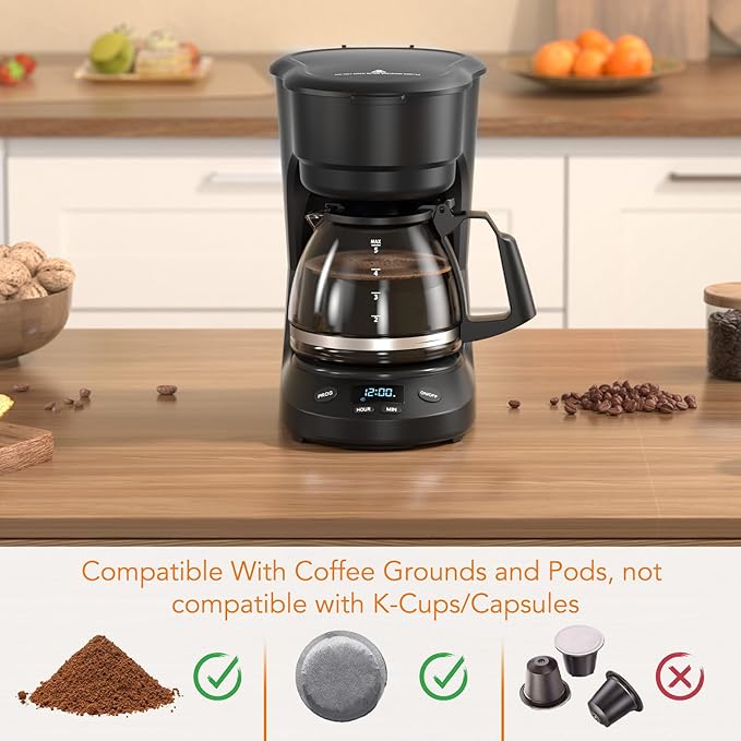 Compact 5-Cup Programmable Drip Coffee Maker — the essential coffee machine with Digital Clock 24-hour Timer Auto Shut-Off and a Removable Filter Basket for Home &amp Office.