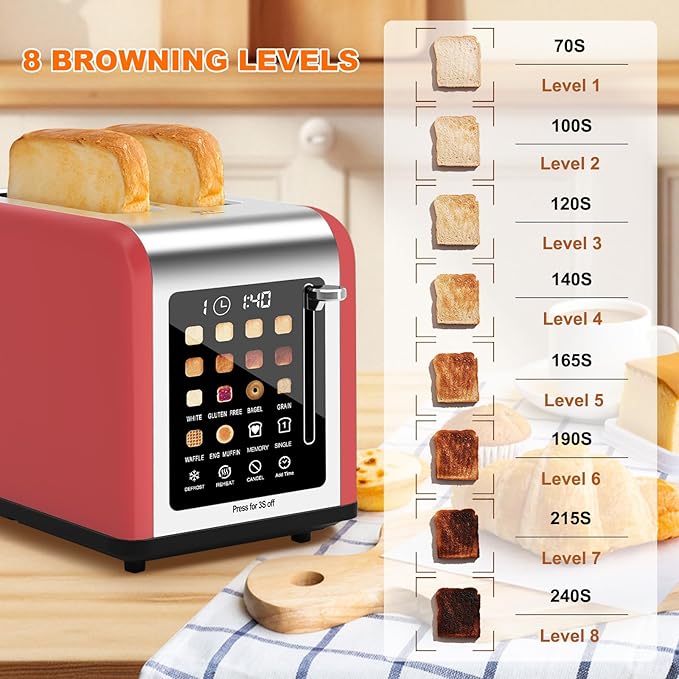 2 Slice Toaster Touch Screen Stainless Steel Toasters Digital Timer 2 Slot Toasters 8 Shade Settings 6 Bread Types for Bagel Cancel Defrost (Red)